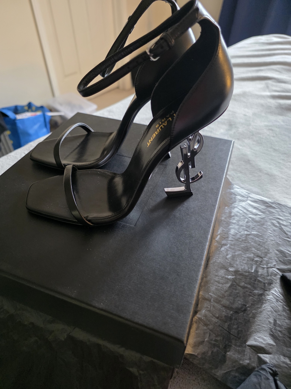 Saint Laurent Black Leather YSL Logo Sculptural Heel Sandals